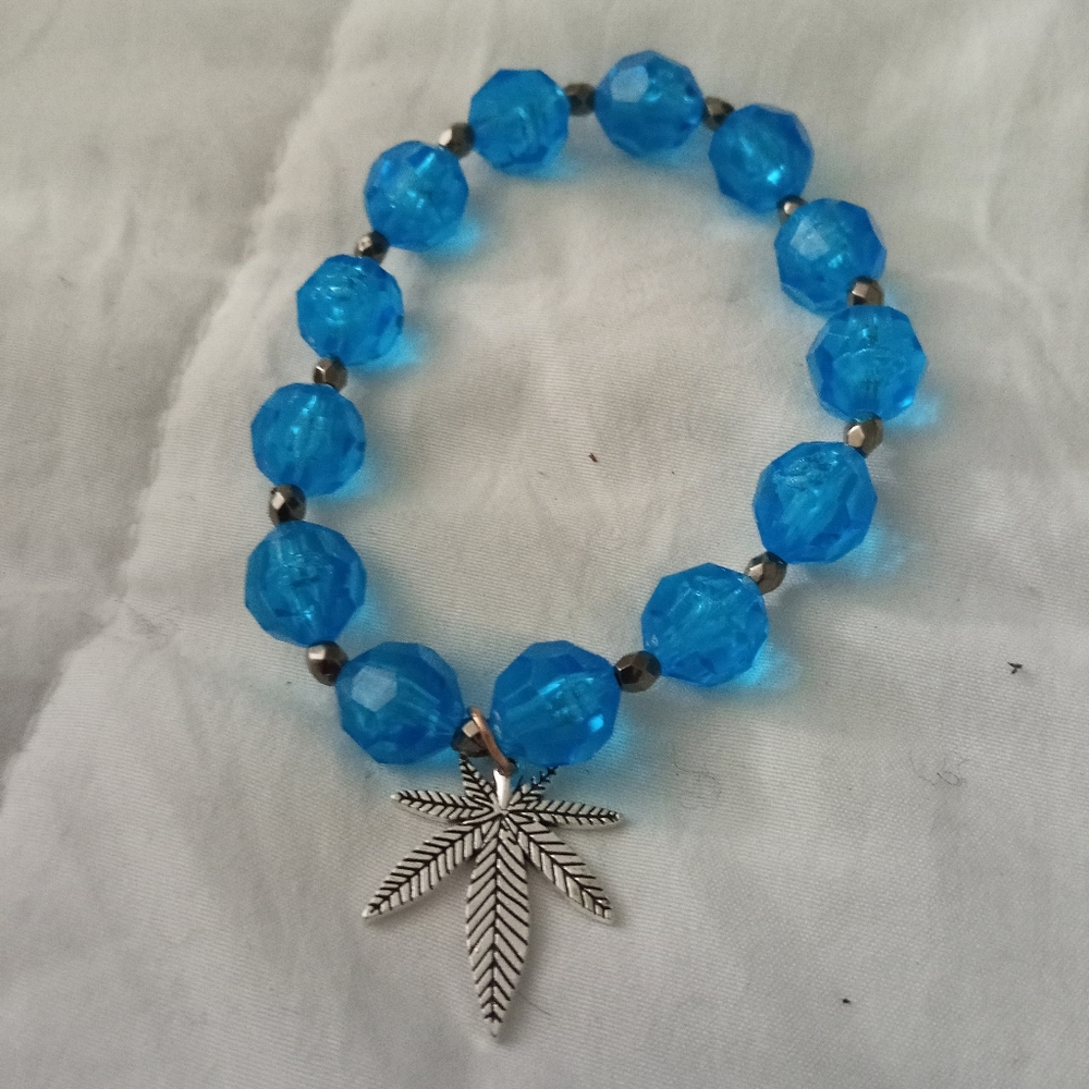 Hand Crafted Silver plated hemp leaf crystal statement bracelet
